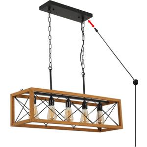 DECOLUCE Pendant Lights Kitchen with Plug in Cord Detachable, 5-Light Farmhouse Dining Room Light Fixture Over Table, Vintage Rectangular Chandeliers for Dining Room Lighting Dcor, Black, 5- light wood