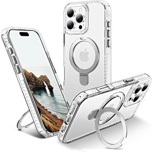 UMIONE for iPhone 16 Pro Clear Magnetic case with Stand and Finger Ring, Compatible with magsafe, Shockproof Transparent Hard Plate, Full Body case, Universal for Boys and Girls 6.1 - White