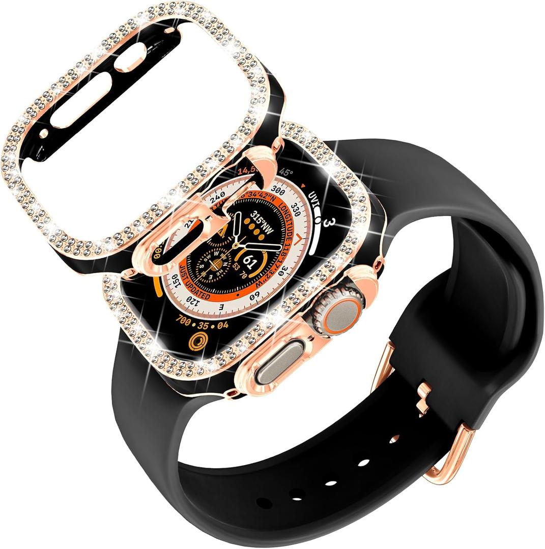 DABAOZA Compatible for Apple Watch Bands 49mm with Bumper, Bling Glitter Women Silicone Soft Comfortable Strap for iWatch SE Ultra 3 2 Series 11 10 9 8 7 6 5 4 3 2 1 (Black Rosegold, 49）