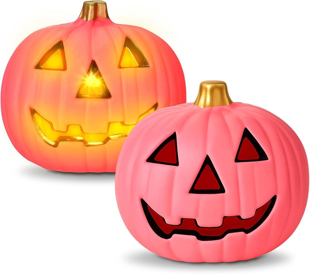 Retisee 2 Pack Plastic Jack O Lantern Pumpkins Pink Halloween Light up Pumpkin Decorations Battery Operated with Spooky Face for Halloween Indoor Outdoor Party Favor Gift Tabletop Decorations