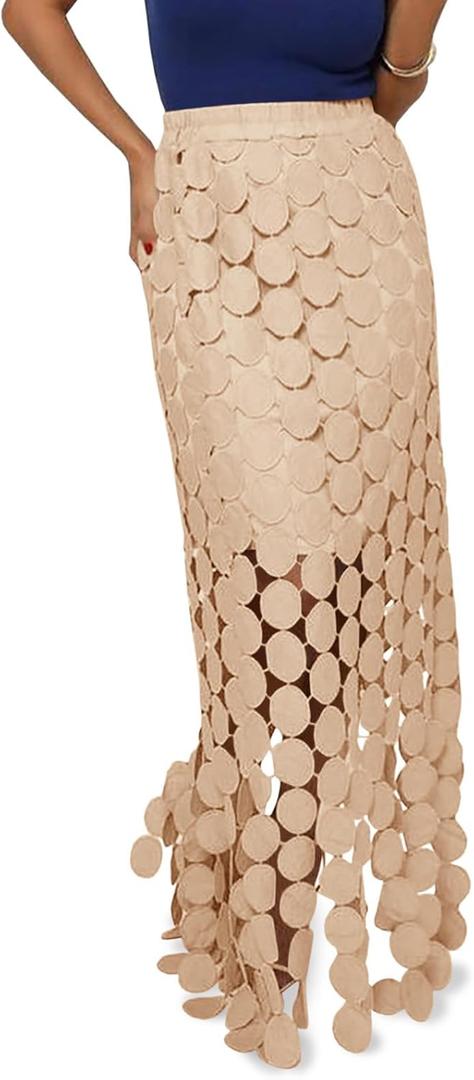 Cicy Bell Womens Hollow Out Maxi Skirts Summer High Waisted Boho Fringe Hem Long Skirt (Large, Khaki)