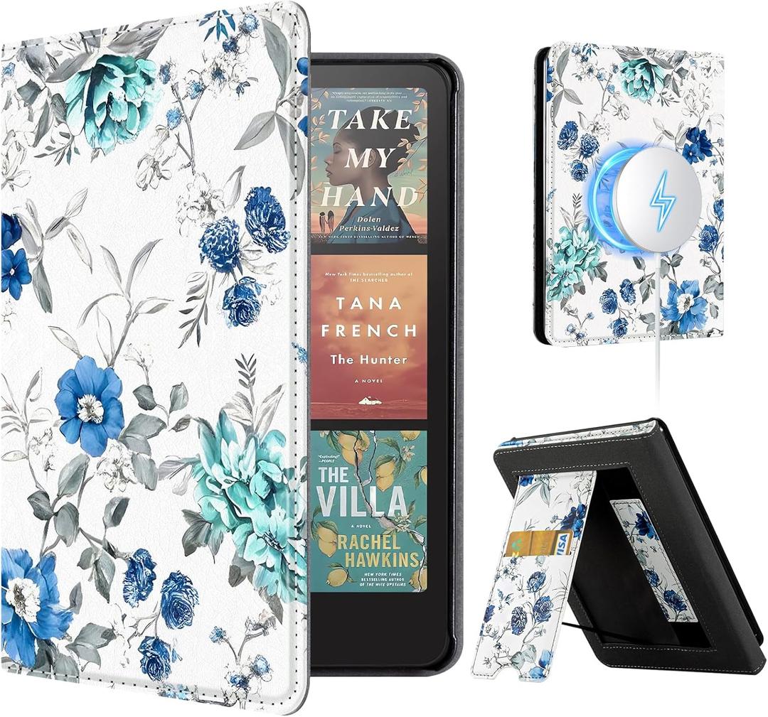 CoBak Stand Case for 7" Kindle Paperwhite 12th Gen 2024 and Kindle Colorsoft with Hand Strap - Compatible with iPhone MagSafe, for Samsung/Belkin/Anker Wireless Charging Pads, Durable, Auto Sleep Wake (Blue Blossom)