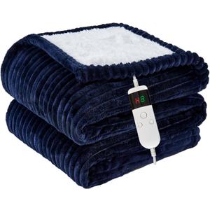 Heated Blanket Electric Throw, Soft Flannel Heating Blanket with 8 Hours Auto Off 10 Fast Heating Levels Machine Washable Sherpa Heated Blanket with Overheating Protection (Throw (50" x 60"), Navy)