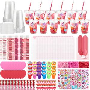 219 Pcs Girls Themed Birthday Party Supplies, Galentines Day Party Favor Exchange for Office, 24 Set Pink Stationery Gift Supplies with Cards Pencils Erasers Rulers Sharpener Stickers Cups
