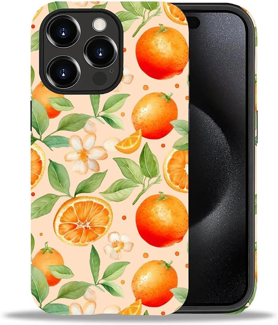 for iPhone 15 Pro Case,for Girl Women Boy Hard Hybrid Shell Shockproof Silicone Full Body Protective Case for iPhone 15 Pro Fresh Orange Fruit Pattern
