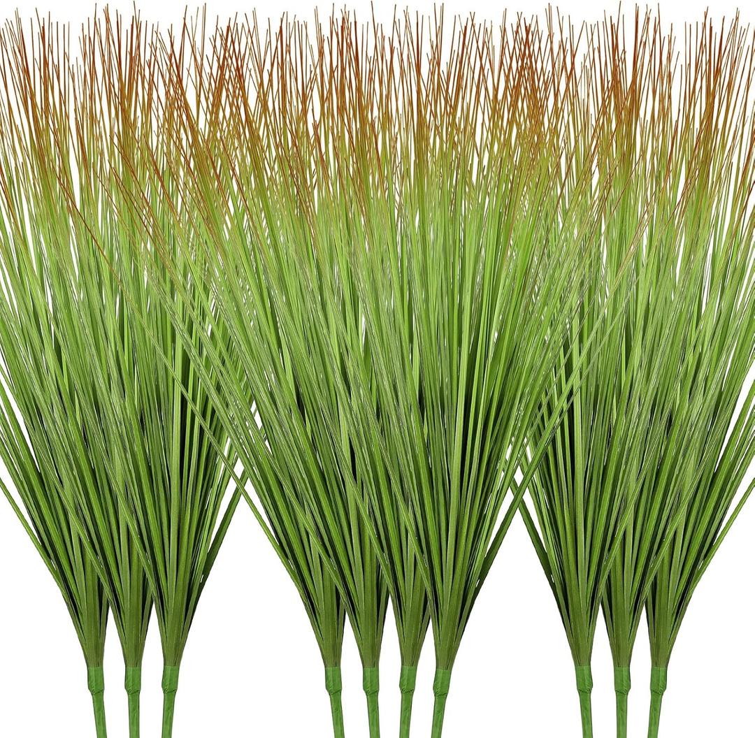 Geosar 10 Pack Artificial Plants 27 Inch Tall Onion Grass Greenery Fake Grass Faux Greenery Stems Artificial Shrubs for Outdoors Plastic Small Bushes for Office Room Gardening Indoor(Green)