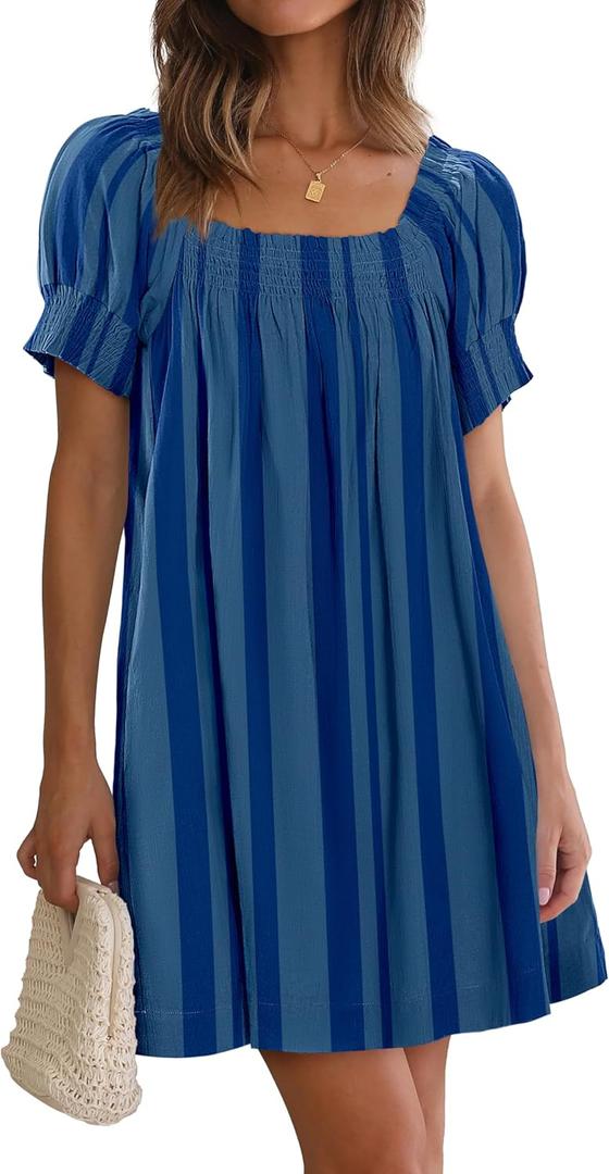Women Summer Mini Dress Casual Puff Short Sleeve Square Neck Flowy Ruffle A Line Smocked Short Beach Dresses Pockets (Medium, Blue) Women Summer Mini Dress Casual Puff Short Sleeve Square Neck Flowy Ruffle A Line Smocked Short Beach Dresses Pockets (Medium, Blue)