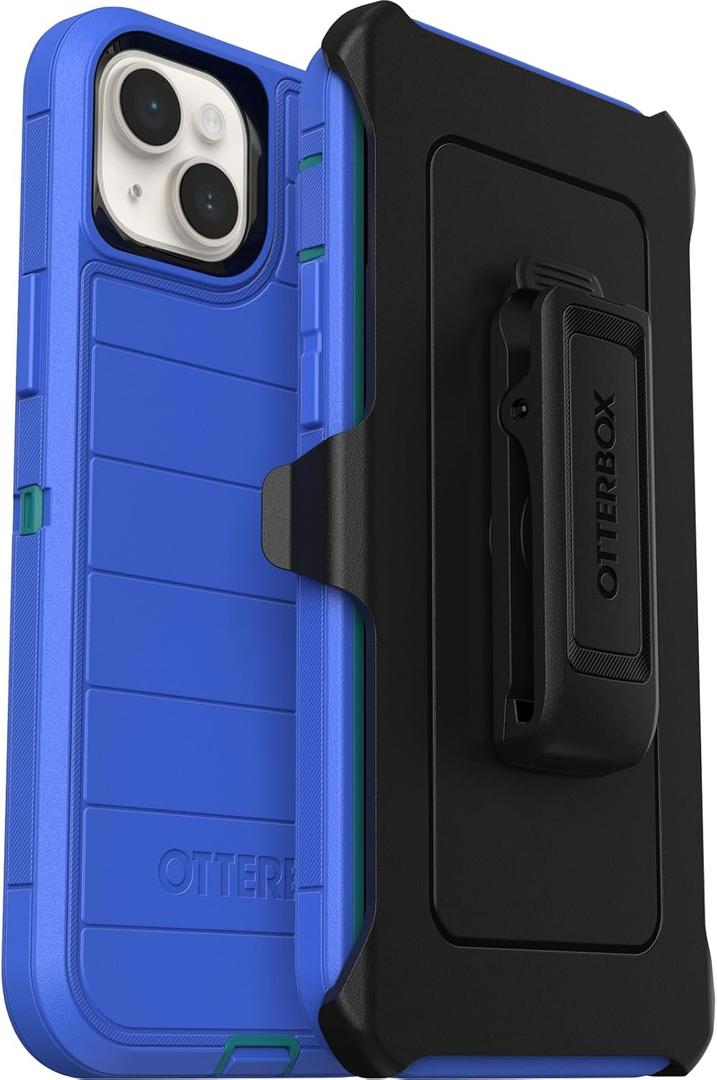 OtterBox iPhone 15 Plus and iPhone 14 Plus Defender Series Pro Case - RAIN Check (Blue), screenless, Rugged & Durable, with Port Protection, Includes Holster Clip Kickstand