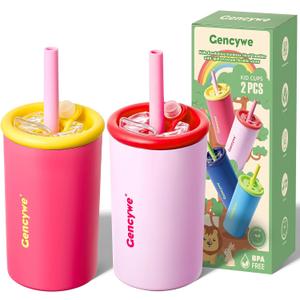 Kids Stainless Steel Cups with Straws and lids | 12 oz Spill-Proof Sippy Smoothie Tumbler Set, Small Kids Snack & Drink Water Cups, BPA-Free, Dishwasher Safe, with Box (Age: 3+ years old & up) (Pink)