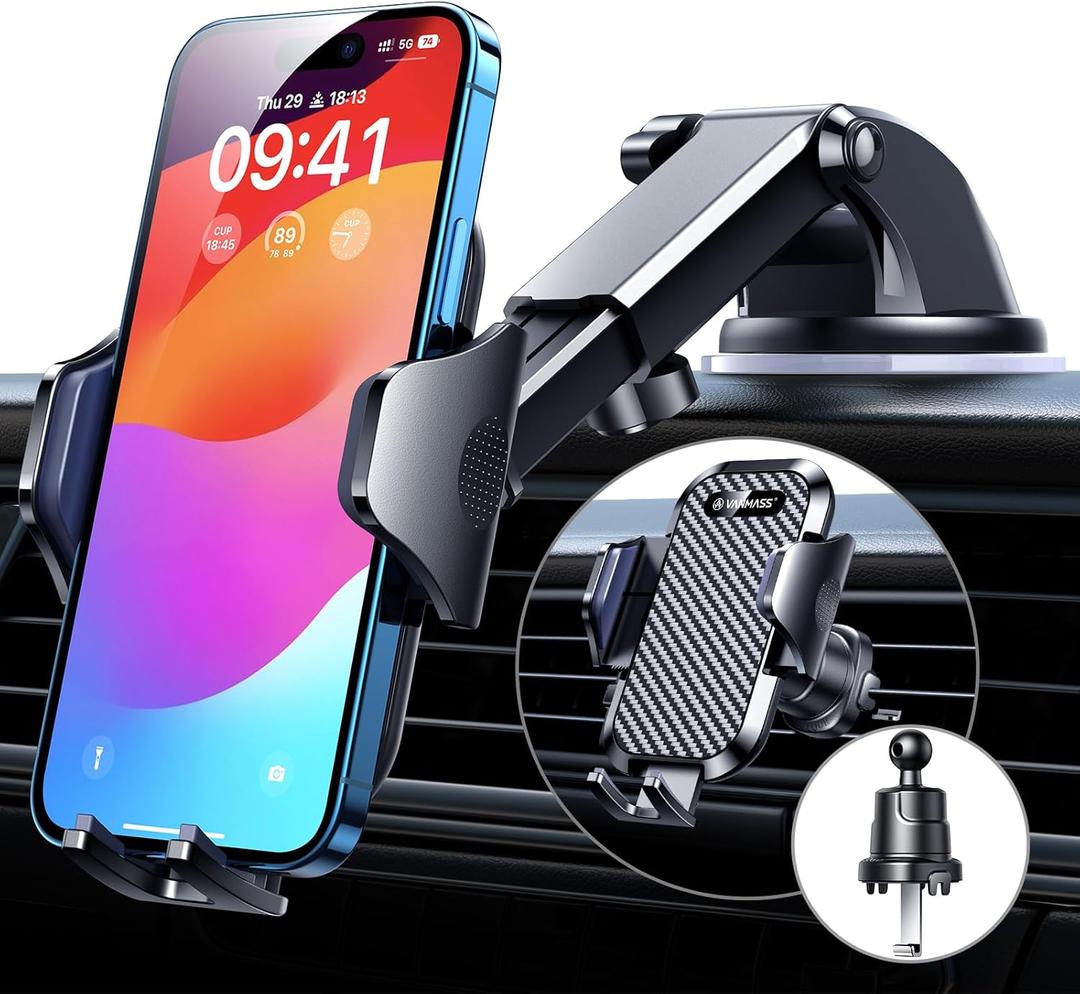 VANMASS Car Phone Holder 2026 Ultimate Military-Grade Phone Holder for Your Car Windshield Dashboard (Newest Best Strongest) Cell Phone Car Mount with Patent & Safety Certs for iPhone Samsung Android (Black)