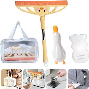 3-in-1 Bath&Kitchen Cleaning Set,Shower Squeegee for Shower Doors, Bathroom,Window and Car Waterproof Bag, Hair Catcher, Suction Cup Shower Head Holder for Deep Cleaning