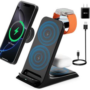 KPON Wireless Charging Station for Popsocket/Otterbox 10MM Compatible, 3 in 1 Wireless Charger Stand for Thick Cases of 0.39 inch, Multiple Devices for iPhone 16/15/14/13/12/11/Apple Watch/Airpods
