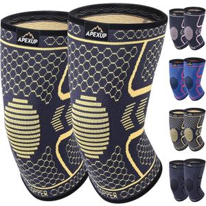3 x APEXUP Compression Knee Brace for Women, Copper Compression Sleeve for Knee Support, Arthritis Pain Relief, Meniscus Tear, ACL, Running (Small, Yellow+Black)