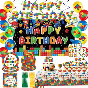 144pcs Building Block Birthday Party Decorations Includes Plates, Napkins, Cake Toppers, Banner, Hanging Swirls, Tablecloths, Balloons, Backdrop, Temporary Tattoos for Building Block Party Decorations