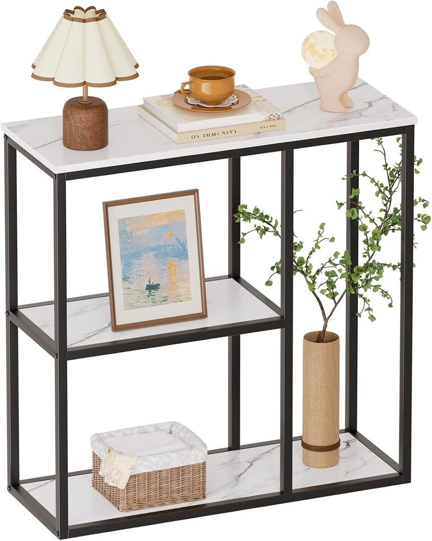 WOHOMO Console Table, 12 Inch Narrow Entryway Table for Living Room, 31.5 Inch Modern Industrial Sofa Table with 3-Tier Storage Shelves for Corridor, Hallway, White Marble