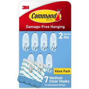 Command Clear Medium Hooks, 7 Hooks, 12 Strips - Easy to Open Packaging, Organize Damage-Free