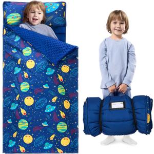 JOIEDOMI Toddler Nap Mat for Preschool 55''x30'' Sleeping Mat with Removable Pillow and Minky Blanket for Kids Ages 3-7 Roll Up Soft Kids Sleeping Bag for Boys Girls Kindergarten Daycare Sleepover (Deep Blue Universe)