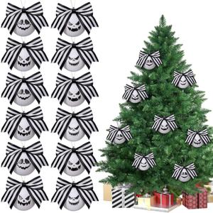 Soulchen 24 Pcs Christmas Black and White Ball Ornaments Xmas Hanging Ghost Scary Decorations 2.36 Inch Tree Ornaments for Christmas Party Gift Tree Decor Supplies(Bow)