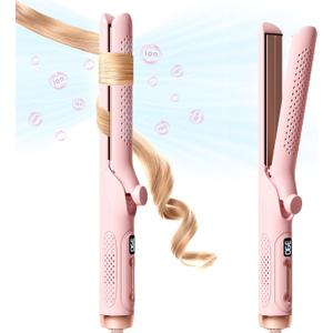 Hair Straightener and Curler 2-in-1, 360 Airflow Styler Curling Iron, 1.25 Inch Curling Wand, 20 Million Negative Ion Hair Care, 5 Temps & Auto Off, Dual Voltage (Pink)