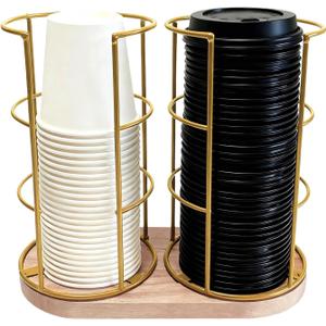 Metal 2-Compartment Coffee Cup Dispenser with Wood Base, Disposable Cup, and Lid Organizer for Countertop, Suitable for Gyms, Offices, Kitchens, CafesLight Gold