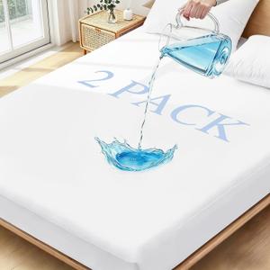 Twin XL Mattress Protector Waterproof 2 Pack Washable Mattress Cover Breathable Twin XL Size Fitted Bed Pad Noiseless Plastic Protection Up to 18” Mattress Protector Sof（White）
