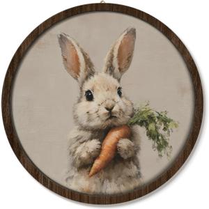 VONTP Easter Bunny Vintage Round Wall Art, Spring Easter Decorations, Bunny Gifts for Kids, Cottagecore Rabbit Wall Art Decor for Home Bedroom Farmhouse Living Room, 10x10 Inch
