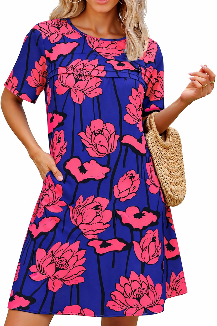 Wenrine Womens Summer Casual Floral Mini Dress Short Sleeve Pleated Front Loose Beach Tunic Dresses with Pockets (Medium, Orange)