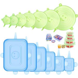 Silicone Stretch Lids for Food Storage in Fridge, 12 Pack Silicone Lids, Reusable Food Grade Silicone Bowl Covers for Cups, Bowls and Dish, 6 Sizes Round and Rectangle Shape (Blue+Green)