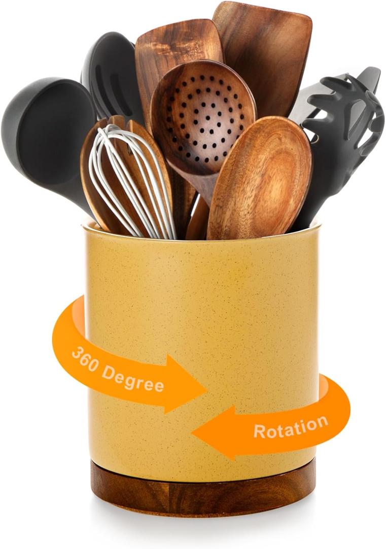 Nucookery 360Rotating Utensil Holder, 7.2" Large Utensil Crock, White Ceramic Cooking Utensil Organizer,Farmhouse Kitchen Decor Christmas Thanksgiving Gift (Yellow Sand)