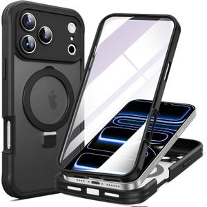 for iPhone 17 Pro Max Case with Invisible Magnetic Stand, Compatible with Mag-Safe Translucent Matte with Built-in Screen Protector, Shockproof Protective Phone Case for Women Men, Black