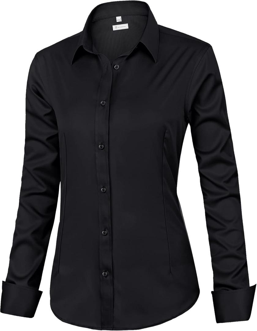 siliteelon Womens Classic-Fit Dress Shirts Long Sleeve Button Down Wrinkle-Free Stretch Solid Casual Work Office Blouse Top (Medium, Black)