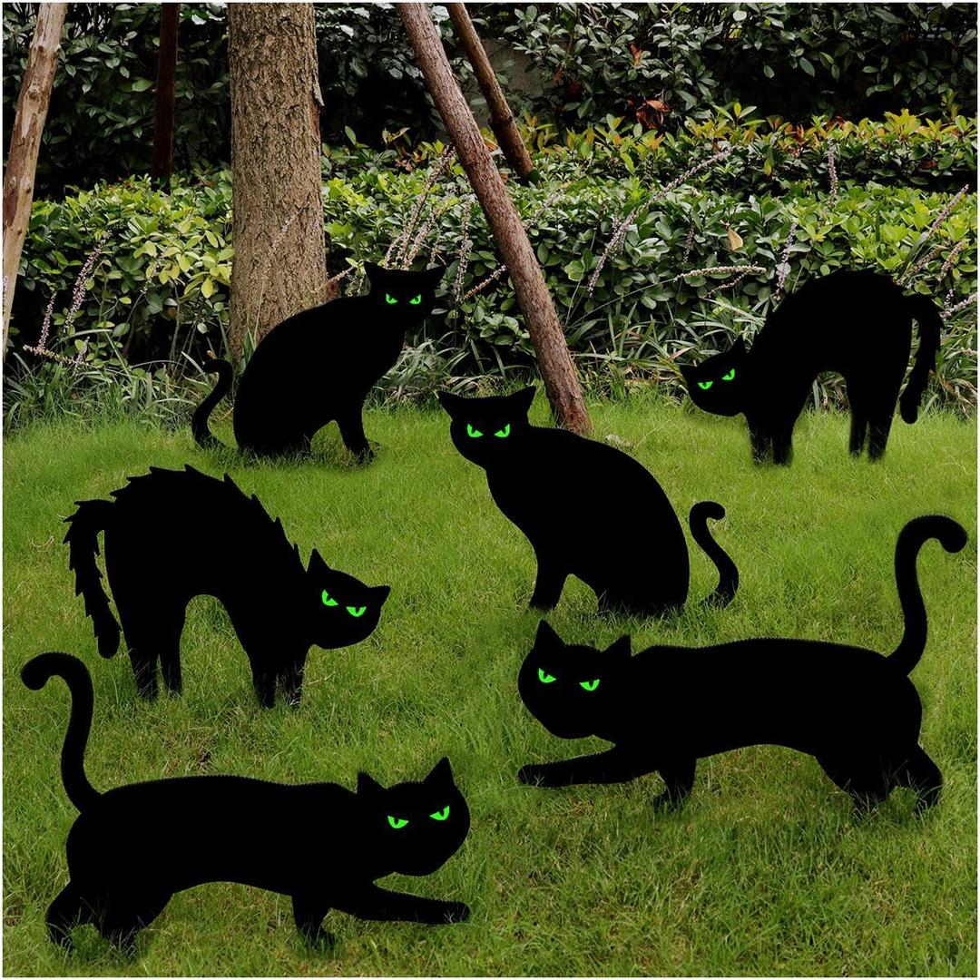 Ivenf Halloween Decorations Outdoor, 6ct Black Cat Decor Yard Signs with Stakes, Scary Silhouette with Glow in Dark Eyes, Corrugated Plastic, Waterproof Lawn Decorations for Kids Family Home Party