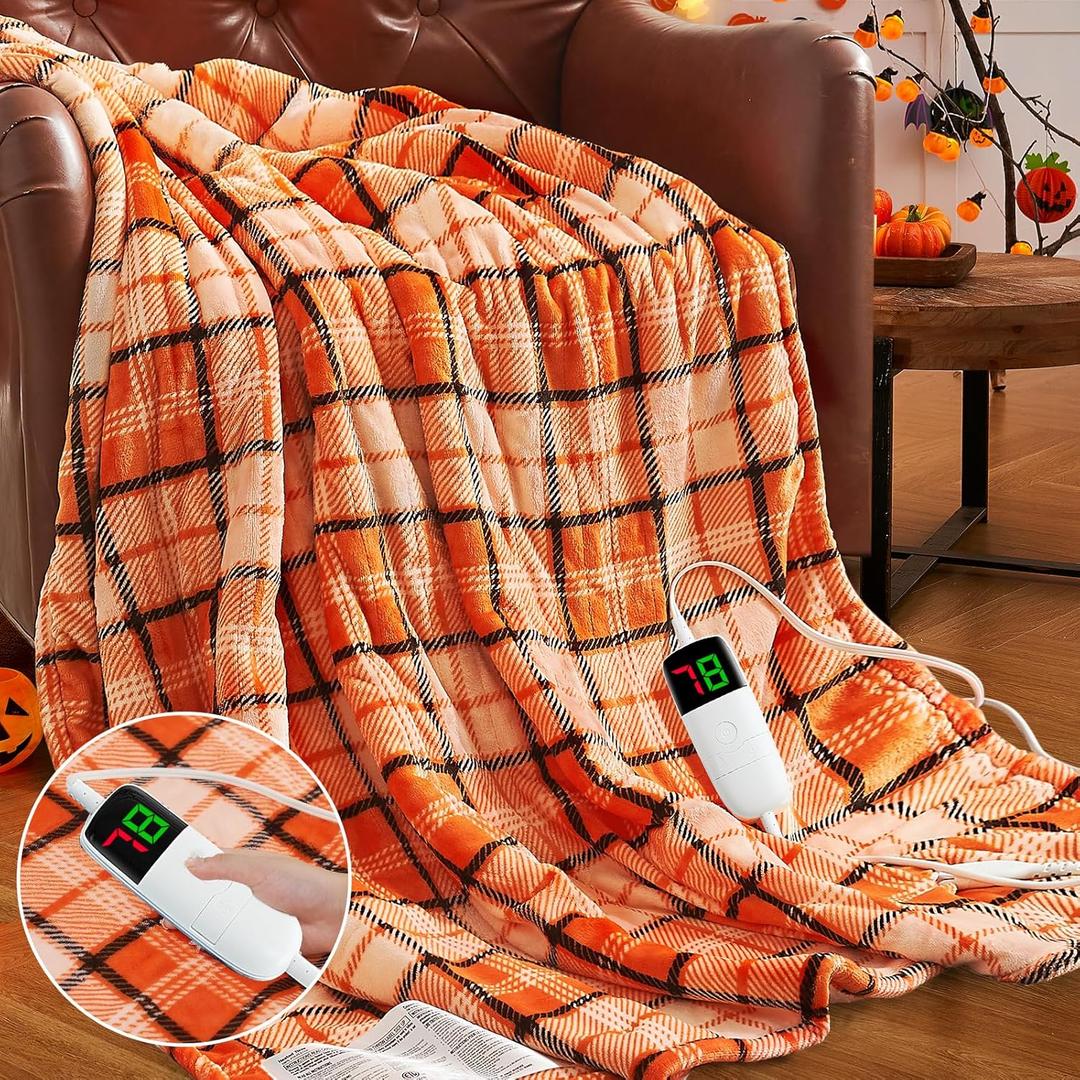 Orange Heated Throw Blanket Electric, 50X60 Heating Throw with 10 Heats Levels&8 Hours Auto Off&Timer for Lap, Plaid Soft Sherpa Orange Blanket Warmer Gift for Women Adults,Halloween Home Decor