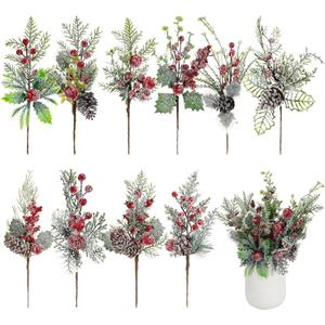 Ovveroche 10 Pcs Christmas Pine Branches Cones Picks Artificial Berry Stems Faux Christmas Greenery Spray Floral Picks Snowy Holly Pine Needles for Xmas Tree DIY Wreath Floral Party Decor, Red