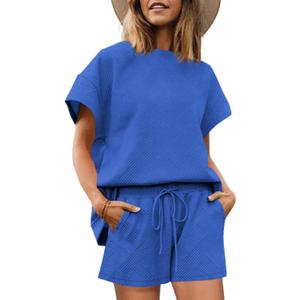 Tankaneo Womens Loungewear Set Short Sleeve Tops and Shorts 2 Piece Outfits Matching Lounge Pajama Set with Pockets (X-Large, Blue)