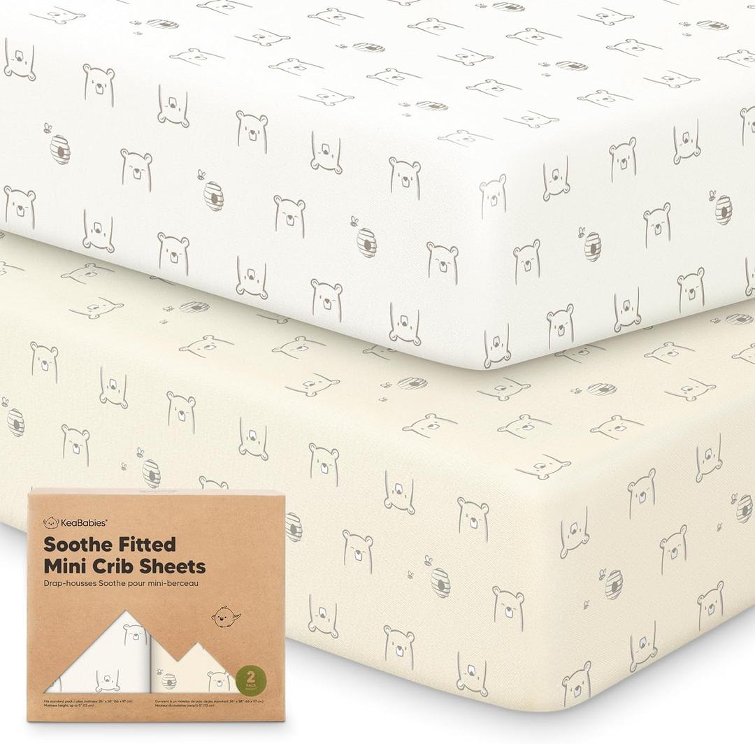 2-Pack Mini Crib Sheets Fitted - 38x26 Pack N Play Sheets for Pack and Play Mattress, Organic Cotton, Soft & Breathable Playard Bedding, Neutral Mini Toddler Bed Cover for Boys, Girls (Bumble Bear)
