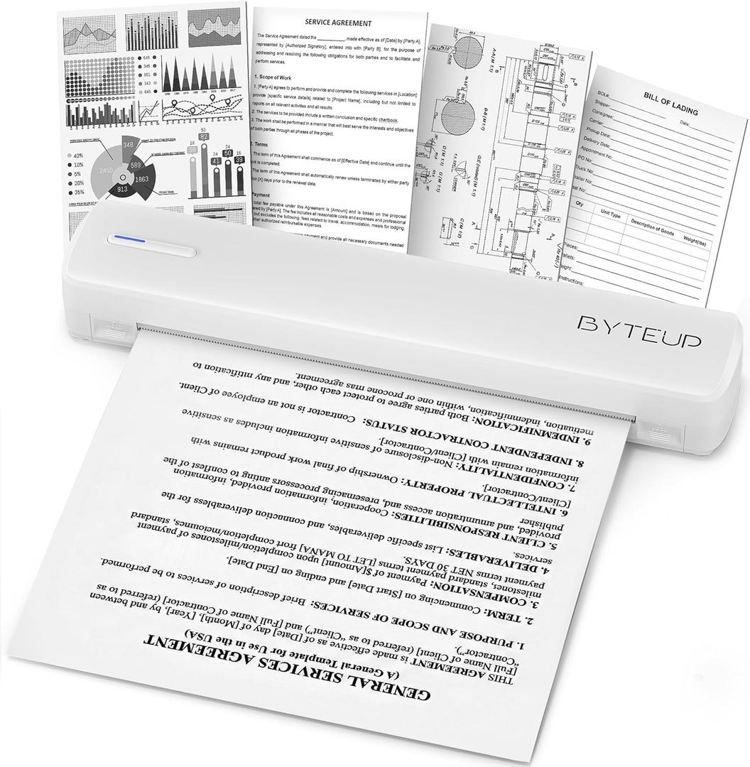 Portable A4 Thermal Printer, Inkless Mobile Printer with Bluetooth for iOS/Android & USB for PC/Mac, 203 DPI Clear Text for Documents, Travel & Office, Supports A4/Letter/Legal Thermal Paper