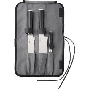 German High-Carbon Steel Cutlery 3-Piece (Chef Knife Bread Pairing Knife) W/Knife Roll Black Stainless 4 Piece