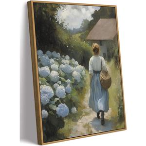 MTFBWY Blue Hydrangea Wall Art Framed, Vintage Floral Canvas Wall Art, Romantic Cottagecore Wall Decor, Soft Farmhouse Painting Picture Prints for Bathroom, Bedroom, Living Room 12" x 16"
