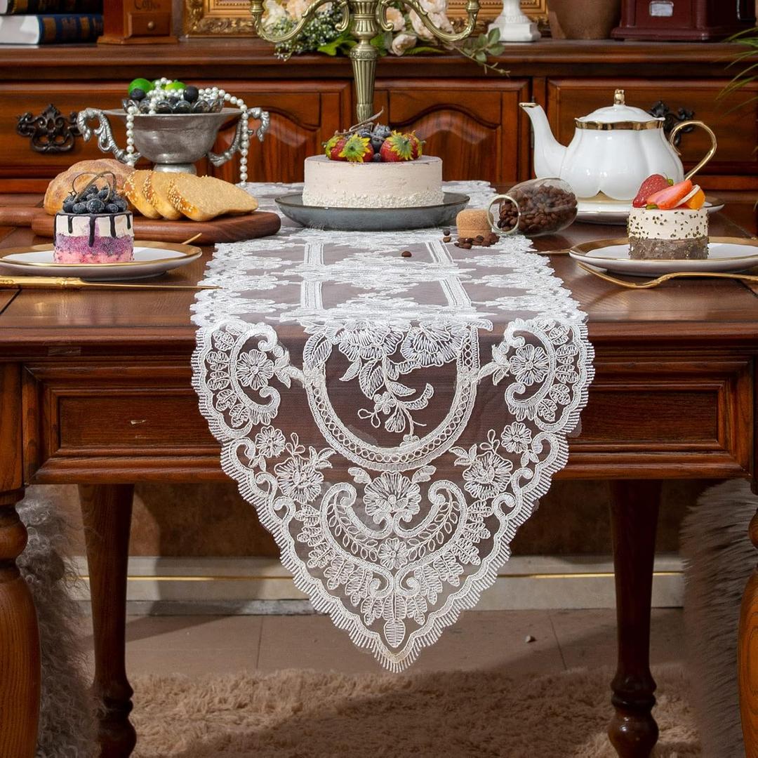 SUTAVIA Floral Lace Table Runner White Embroidery Dresser Scarf Gauze Fabric Rustic Table Runners Elegant Chic Table Decor Piano Cover for Home Holiday Wedding Party Daily (White Rose, 13"x104")