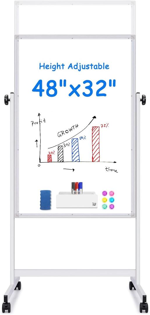Maxtek Rolling White Board 48 x 32in,Height Adjustable Whiteboard on Wheels