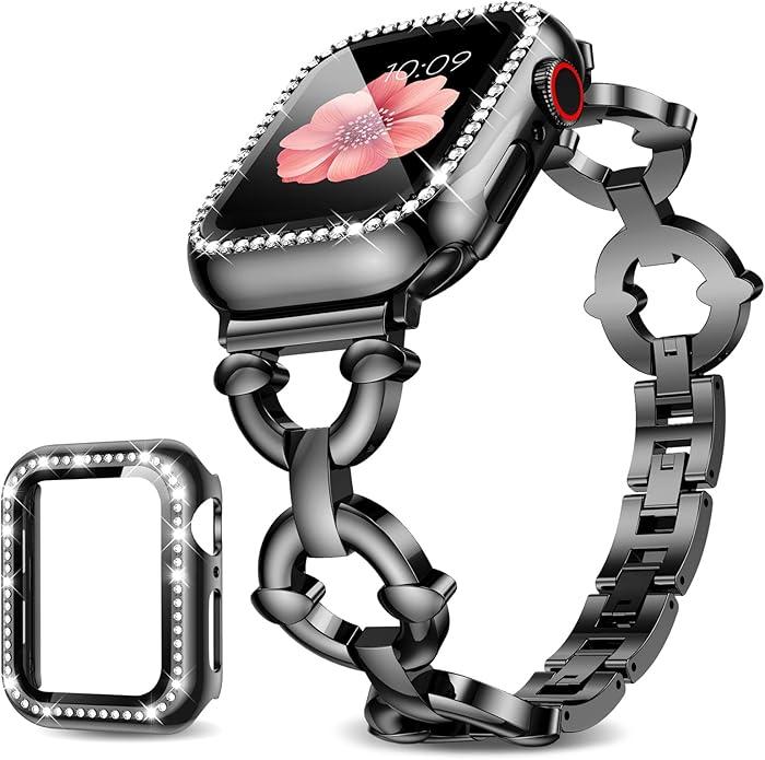 Mesime Compatible with Apple Watch Band 41mm, Women Bling Jewelry Bands with Tempered Glass Screen Protector Case, Shiny Strap for iWatch Series 11/10/9/8/7/6/5/4/3/2/1/SE