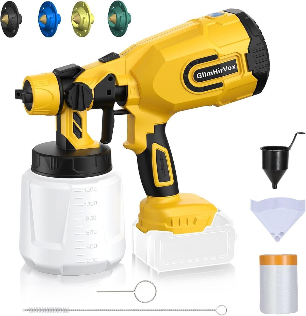 Cordless Paint Sprayer for Dewalt 20V MAX Battery, Electric Spray Paint Gun for House, 4 Copper Nozzles, Paint Spray Gun with Power Display, Paint Sprayers for Home Interior and Exterior (No Battery) (Yellow)