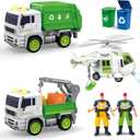 5 Pack Garbage Truck Toys Sets for Kids -Friction Powered Garbage Truck, Trash Trucks, Sanitation Helicopter, 2 Workers, Light&Sound Cars Set Gifts for Toddler Boys Girls 3-9 Year Old