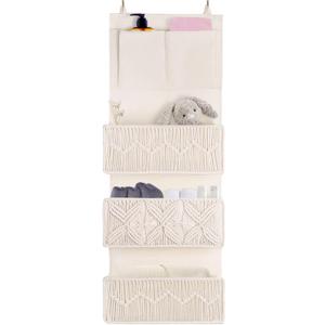 FEILANDUO Over The Door Organizer Boho Macrame Closet Organizers and Storage with 3 Large Woven Pockets Behind Door Organizer for Nursery, Pantry, Bathroom, Bedroom, Dorm (Ivory)