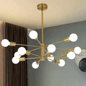 12-Light Modern Sputnik Chandelier, Mid Century Gold Ceiling Chandeliers, E26 Base, Branch Height Adjustable Pendant Lighting Fixture for Kitchen Island Dining Room Living Room Bedroom