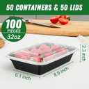 50 Pack (100-Piece) 32 oz Meal Prep Containers Reusable with Easy Open Lids, Sturdy Leakproof Food Safe, Microwave Freezer Dishwasher Safe, To Go Take Out Plastic Food Storage Pans with Lids, Black