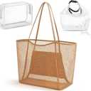 Hsei 3 Pack Large Mesh Beach Bag Tote Set for Women Mesh Beach Bag Waterproof Dry Bag Makeup Pouch for Pool Gym Travel