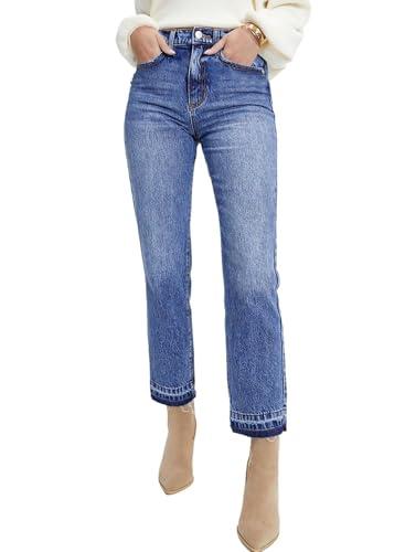 Astylish Womens Casual High Waisted Cropped Denim Pants Straight Leg Ankle Jeans Blue 8