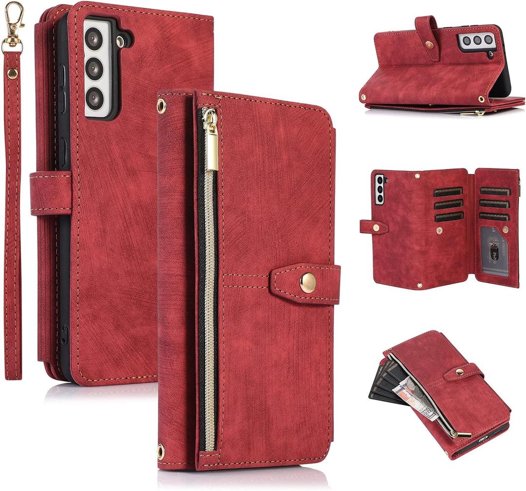 UEEBAI Wallet Case for Samsung Galaxy A15 4G/5G, 9 Card Slots Retro Leather Wallet Shockproof Flip Cover with Hand Strap Card Slots Zipper Pocket Kickstand Handbag Magnetic Closure - Retro Red